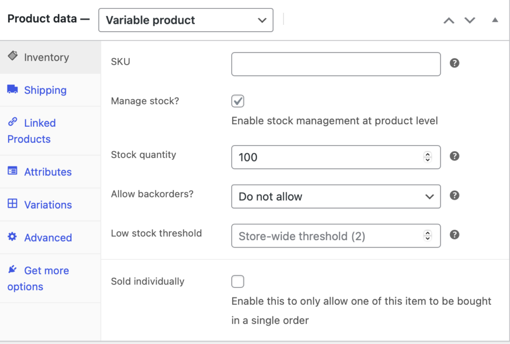 woocommerce variable product
