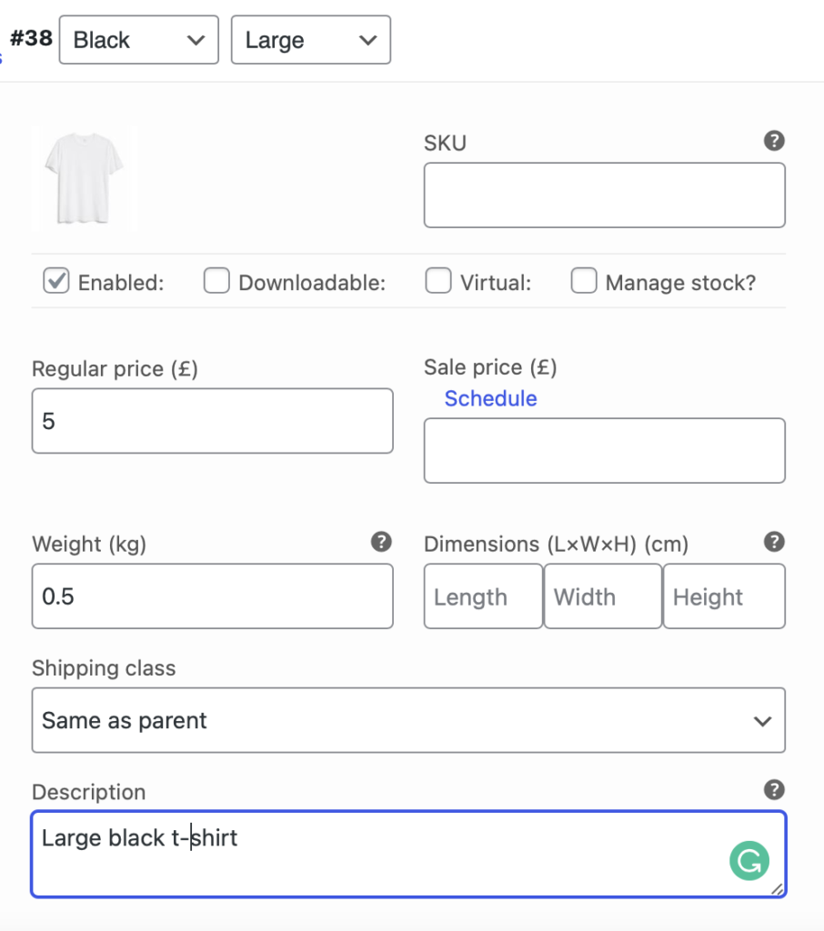 woocommerce variable product