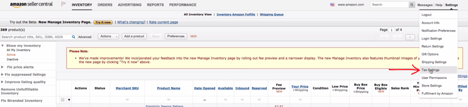 Amazon Seller Central tax settings