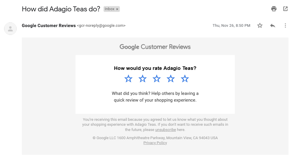 Post-purchase review request from Google Customer Reviews