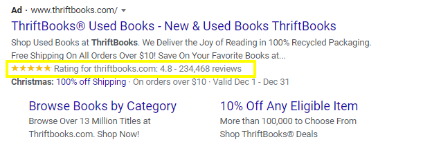 Google Seller Rating displayed on a text ad