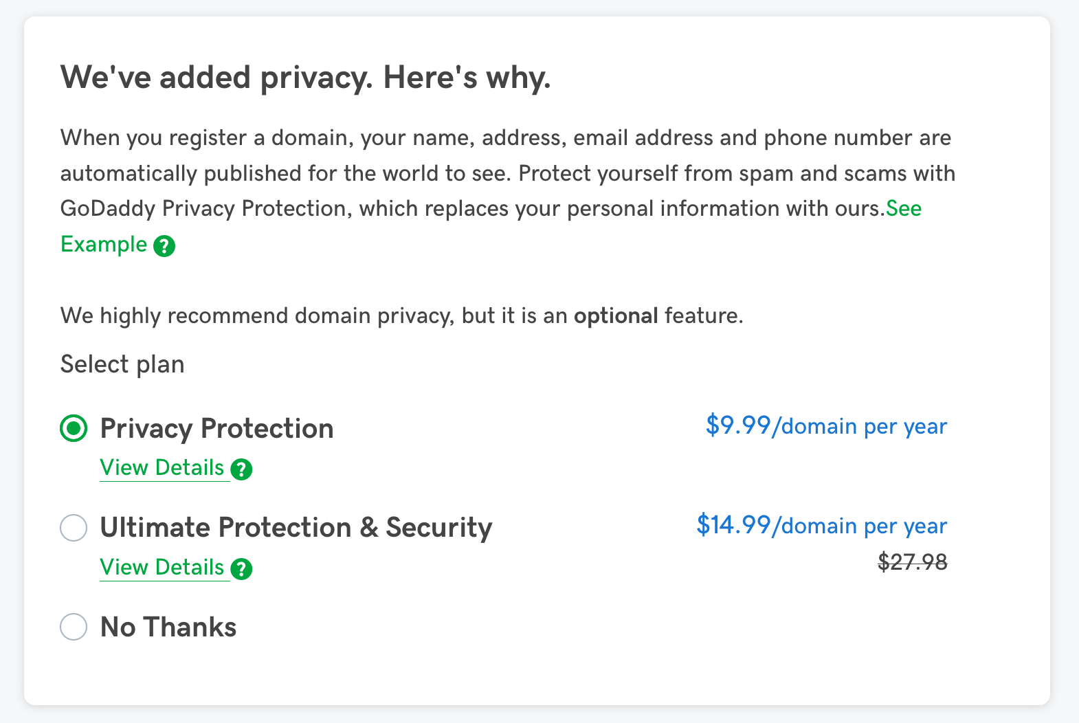 godaddy private domain purchase