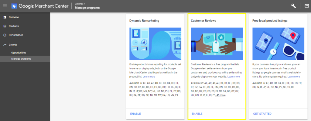 Google Customer Reviews in merchant center