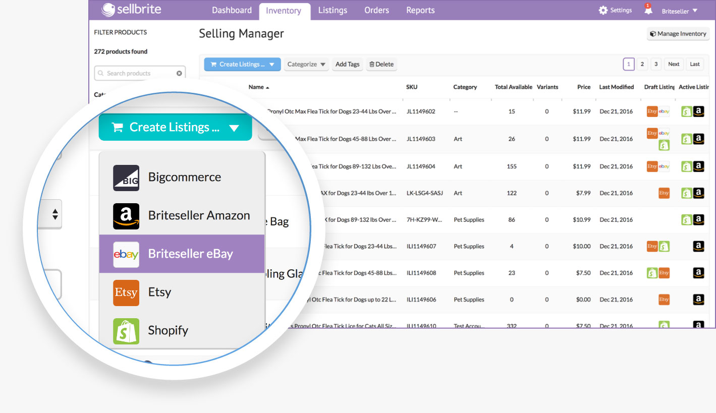 listing of products