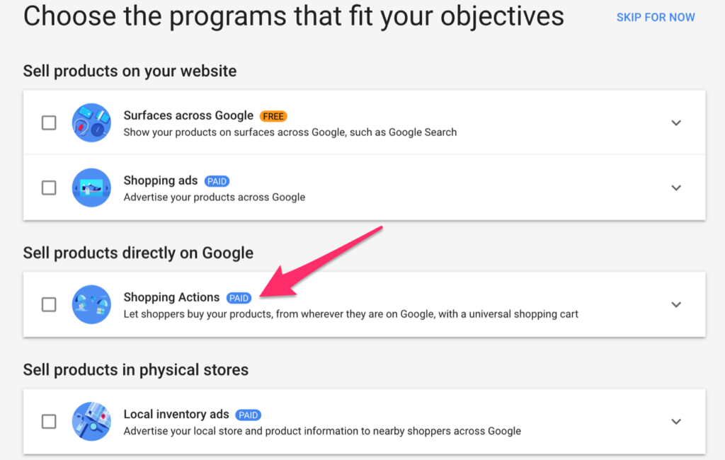 register for Google Shopping Actions