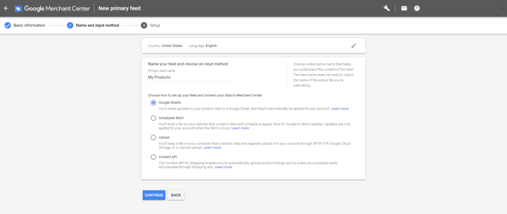product feed options in Google Merchant Center