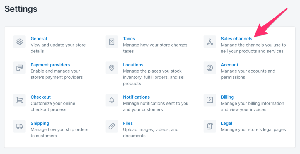 Shopify sales channels in settings